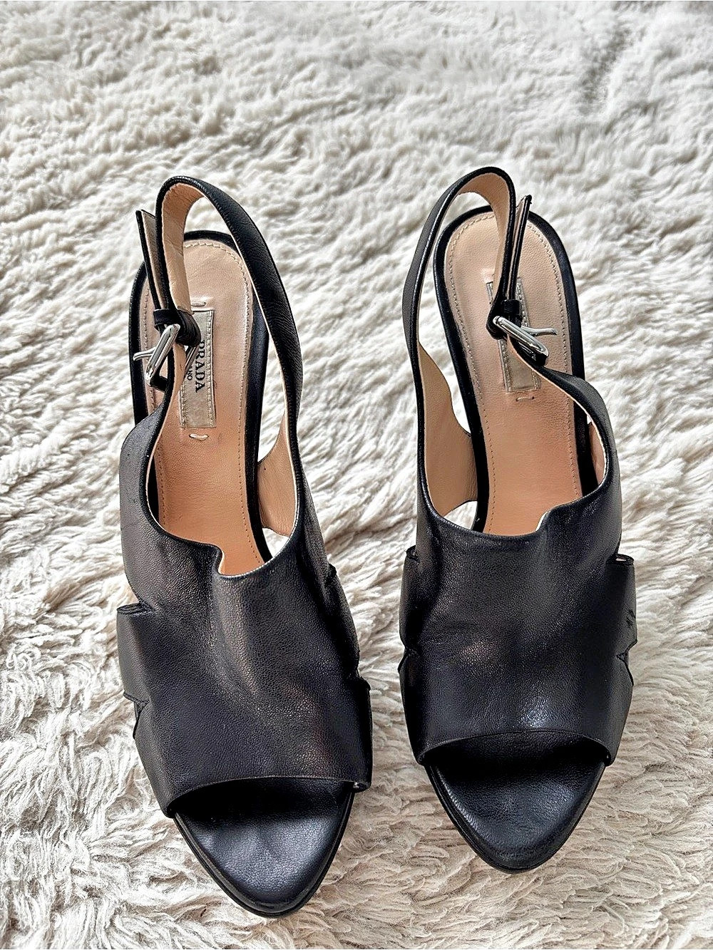 Prada Black Leather Cut-Out Slingback Platform Sandals, Size 39